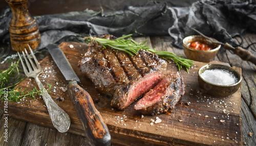 Lebensmittel, Speisen, Rindersteak gebraten, auf einem rustikalen Holzbrett, Steakmesser, KI generiert photo