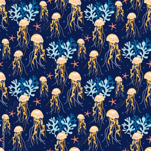 Underwater sea life vector background with jellyfish, starfish, seaweed seamless pattern design © LilaloveDesign
