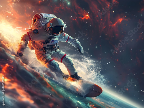 Intrepid Astronaut Surfing Cosmic Waves Through the Vast Expanse of the Universe