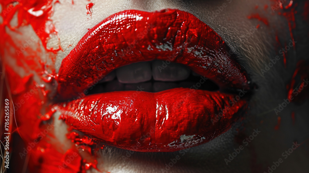 Portrait of An Attractive Young Woman Lips With Dripped Red Liquid Paint Color Lipstick Bokeh Background Portrait of An Attractive Young Woman Lips With Dripped Red Liquid Paint Color Lipstick Bokeh Background