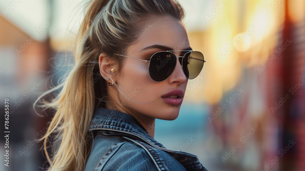 Portrait of a young blonde caucasian woman with sunglasses