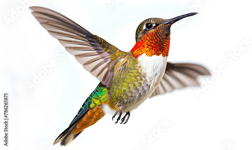 Colorful Hummingbird Hovering on a White Background