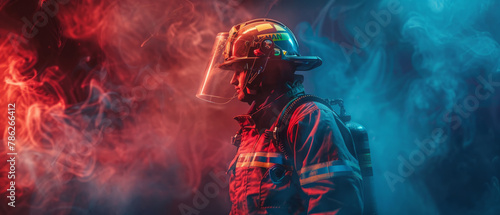 A firefighter in full gear stands amidst smoke and blue light, ready to combat a fire.