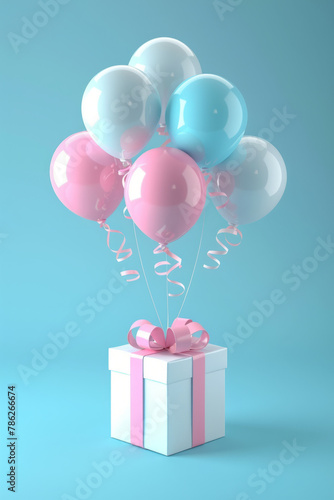 Vibrant 3D rendering of gift box floating with colorful balloons on a soft pastel blue background, creating a festive and celebratory atmosphere.