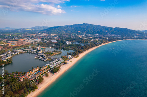 Aerial top view panorama sunset Bang Tao beach with sea of Phuket paradise. Concept tropical travel photo Thailand