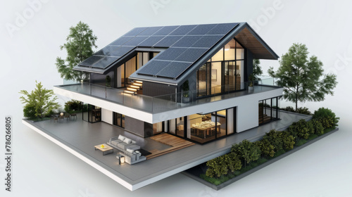 A 3D model depicting a modern house with solar panels, designed for eco-friendly living and sustainability.