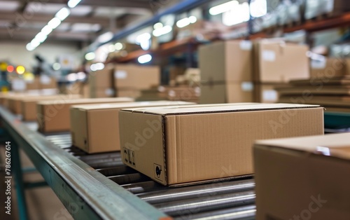Boxes on a Conveyor Belt in a Busy Warehouse - fulfillment center logistics, warehouse supply chain operations