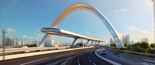 Wallpaper Mural A modern, curved arch bridge stands out amidst a dynamic city skyline in a vision of a futuristic urban environment Torontodigital.ca