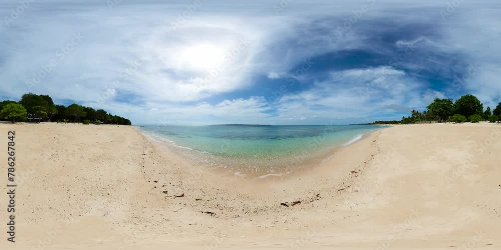 Beach with white sand and clear water with sun reflection. Santa Fe, Romblon. Tablas Island. Philippines. VR 360. Beach with white sand and clear water with sun reflection. Santa Fe, Romblon. Tablas Island. Philippines. VR 360.