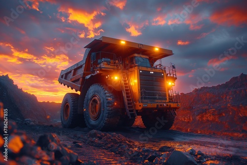 A dusty dumper mining truck at sunset, rugged and powerful