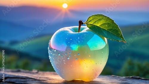 Apple tree with water drops on the background of the sunset in Tuscany
