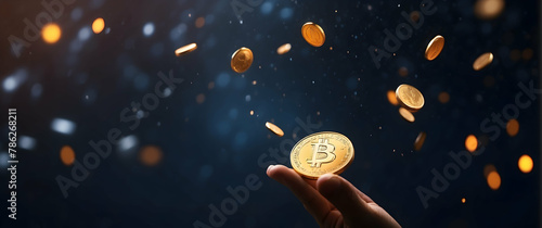 A hand catching a bright golden Bitcoin coin, symbolizing the grasp of opportunity in the world of cryptocurrency with sparkles