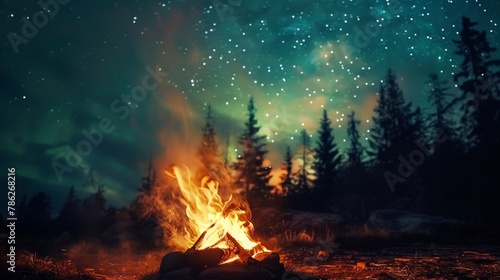 A warm and cozy campfire in the wilderness  with the silhouette of the forest trees in the background lighting up the night sky with the stars and the Northern Lights  Aurora Borealis .