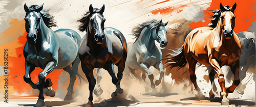 A vibrant artwork capturing the powerful movement of four horses galloping with a sense of freedom and energy