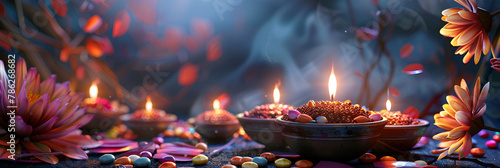 Candles blurred brilliance and beauty pink flowers festival with colorful candles light and blue smoky background illustration 