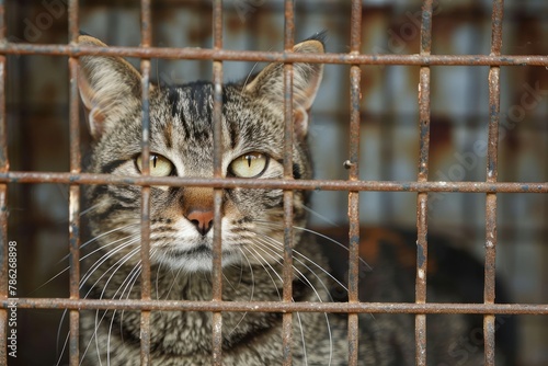 Lonely stray cat in shelter cage abandoned feline behind rusty bars, seeking care and food