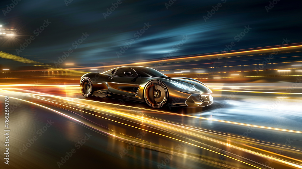 Futuristic Sports Car Racing on Dynamic Light Trails Background Futuristic Sports Car Racing on Dynamic Light Trails Background