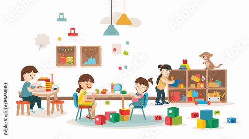 Kids playing with bricks and toys together in kindergarden
