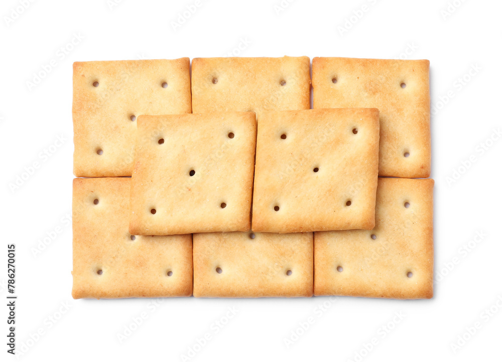 Tasty crispy square crackers isolated on white, top view Tasty crispy square crackers isolated on white, top view