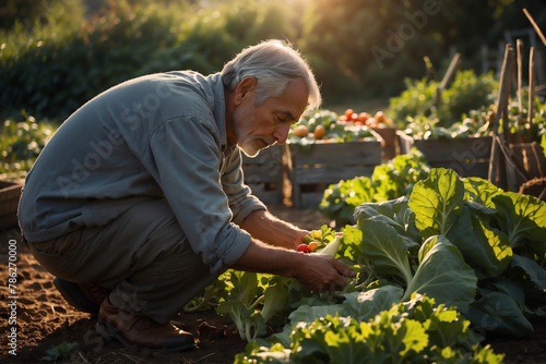 Älterer erfahrener Gärtner pflegt sorgfältig Gemüsebeet im morgendlichen Sonnenlicht © KraPhoto