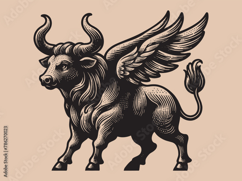 Mythical fairy-tale bull with wings. vintage engraving illustration, isolated object, emblem