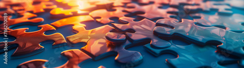 Puzzle Pieces Partially Connected Over Water Reflective Surface at Dusk photo