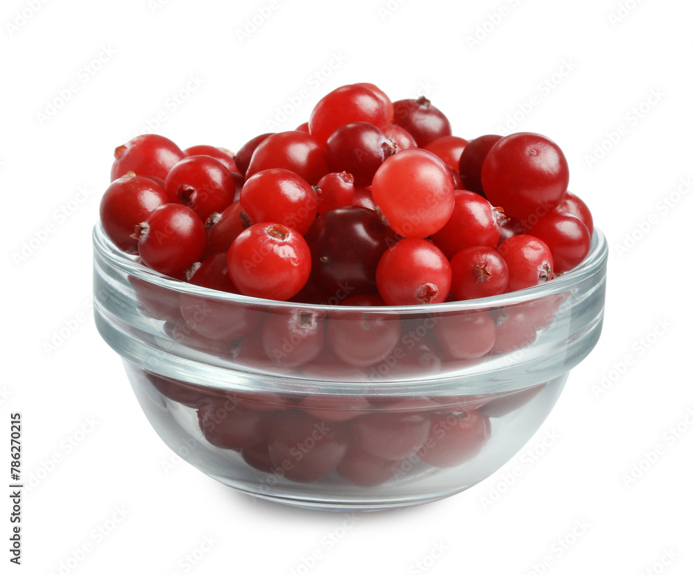 Glass bowl of fresh ripe cranberries isolated on white Glass bowl of fresh ripe cranberries isolated on white