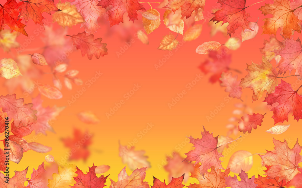 Rectangle fall frame with leaves. Autumn falling maple leaves with bright copy space. Abstract red background Rectangle fall frame with leaves. Autumn falling maple leaves with bright copy space. Abstract red background