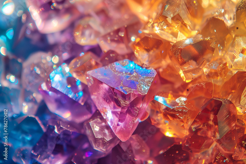 colorful gem crystals background, top view 