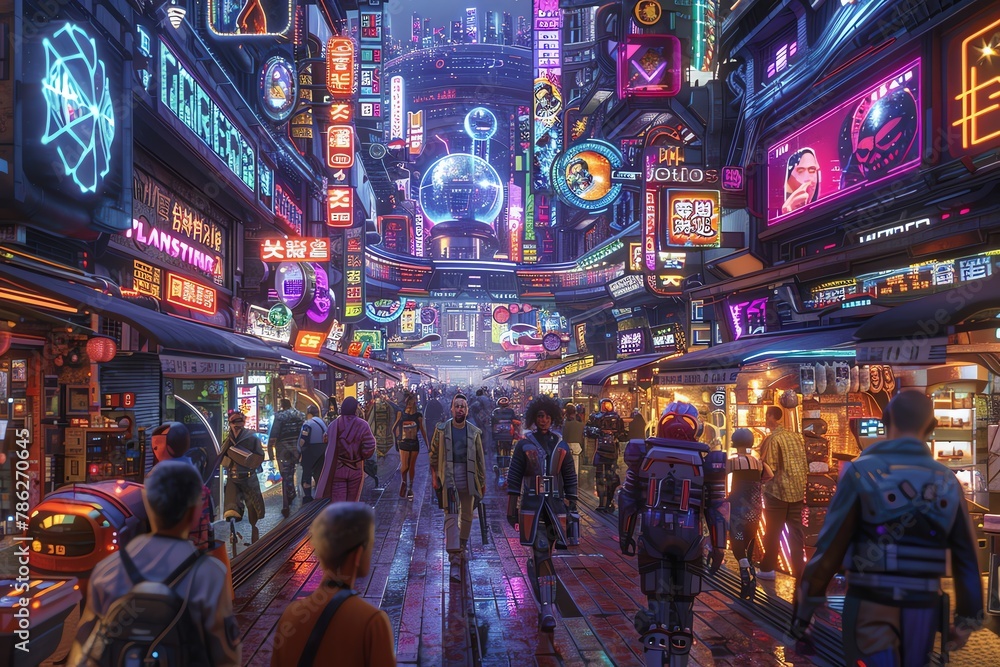 Futuristic cyberpunk street, neon lights, crowded with diverse characters, high tech low life, vibrant and chaotic, 