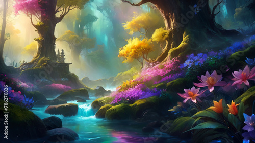 A Vibrant, Whimsical Fantasy Painting Depicting Vibrant Jewel-Toned Colorful Enchanted Fantasy Forest with a River and Lavish Flowers