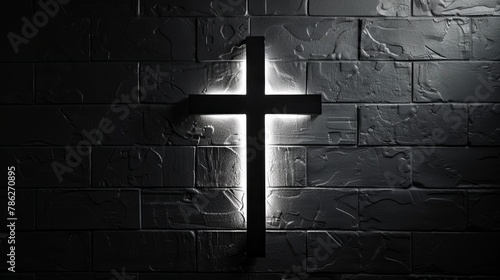 Black and white image of a lone cross on the wall. Good Friday holiday, minimalist, copy space.