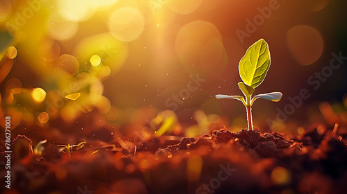 Young Plant Sprouting with Golden Sunlight and Bokeh Background