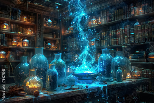  mystical library with glowing blue magical swirls amidst ancient books and mysterious potions photo