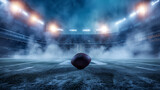 Football on Field Under Stadium Lights with Snowflakes Falling