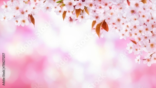 Fruit tree flowers on a blurred pink background.