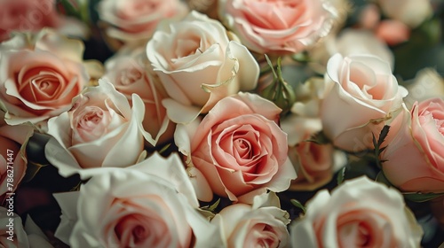 Festive floral background. Wedding  Prom  Birthday  Valentine s Day. A bouquet of beautiful cream and pink roses closeup
