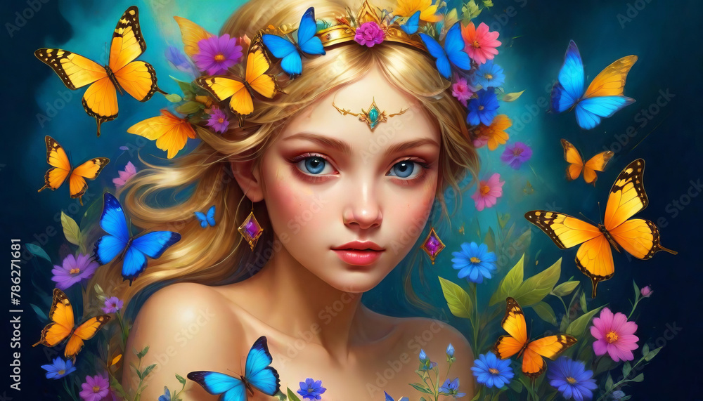 Fantasy artwork of ethereal, jewel-toned vision of a delicate, fairy-like girl against vibrant background of blooming flowers and kaleidoscopic butterflies
