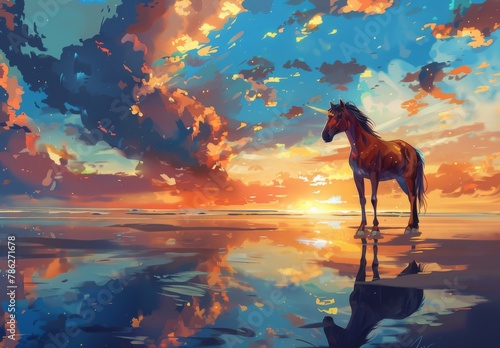 A brown fly horse standing on top of a sandy beach under a cloudy blue and orange sky with a sunset.