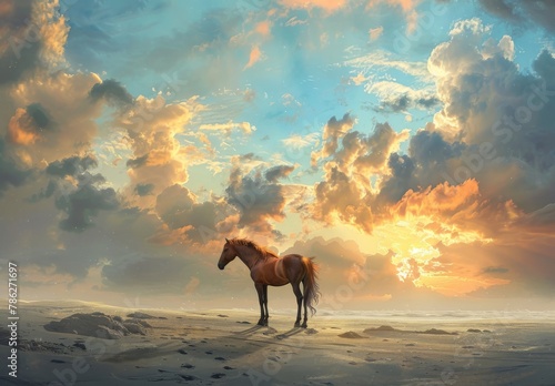 A brown fly horse standing on top of a sandy beach under a cloudy blue and orange sky with a sunset.