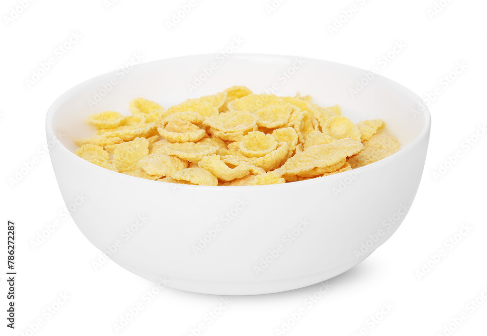 Breakfast cereal. Corn flakes and milk in bowl isolated on white Breakfast cereal. Corn flakes and milk in bowl isolated on white