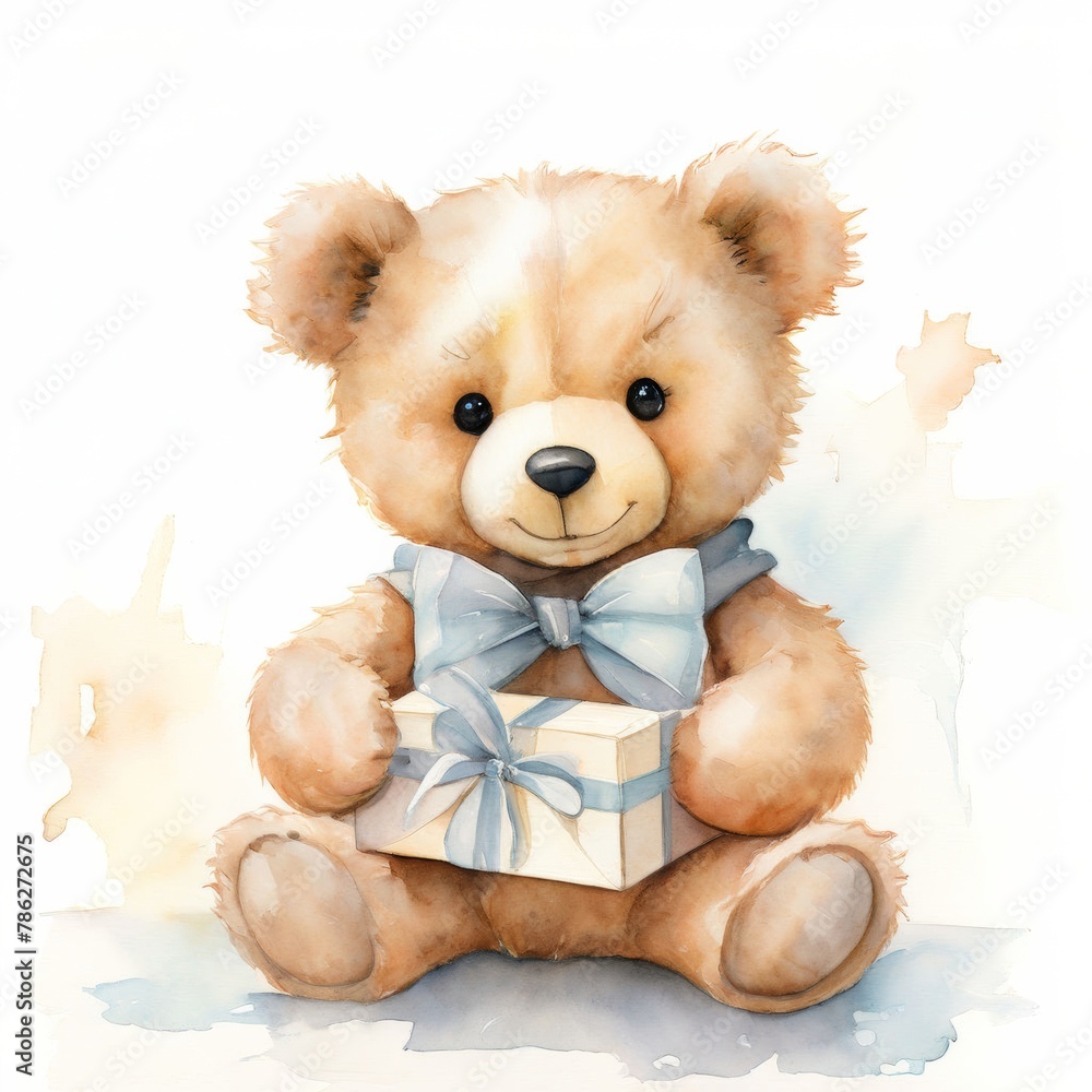 Fototapeta premium Charming Teddy Bear with Gift Box, Watercolor Technique on White - cute bear drawing, gift box art