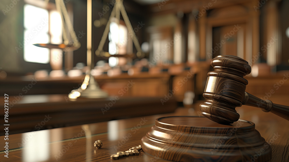 Classic Wooden Gavel in Courtroom - Legal Justice System Concept - obrazy, fototapety, plakaty 