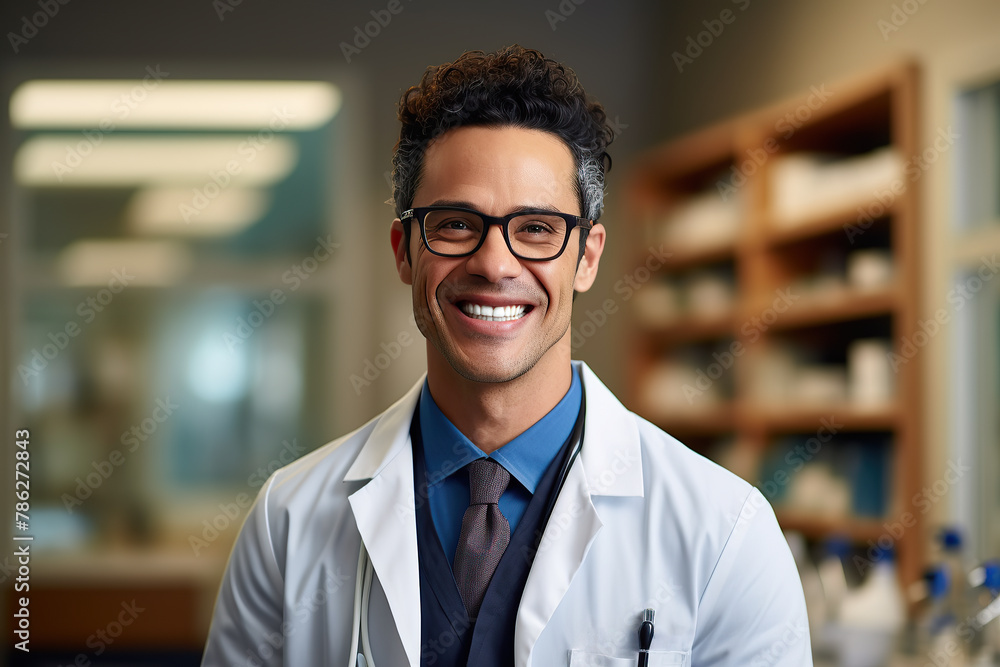 Fototapeta premium Generative AI image of portrait of smiling adult male doctor in uniform eyeglasses and looking at camera while standing in illuminated and blurred hospital with medicines in shelves