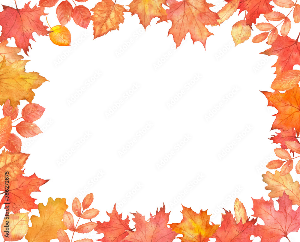 Rectangle fall frame with orange leaves. Autumn maple leaves with copy space.
