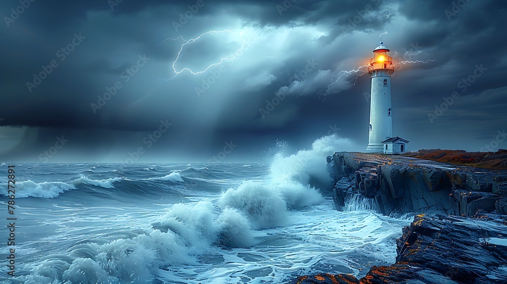 A lone lighthouse standing on a rugged cliff, waves crashing against the rocks below, under a stormy sky. 