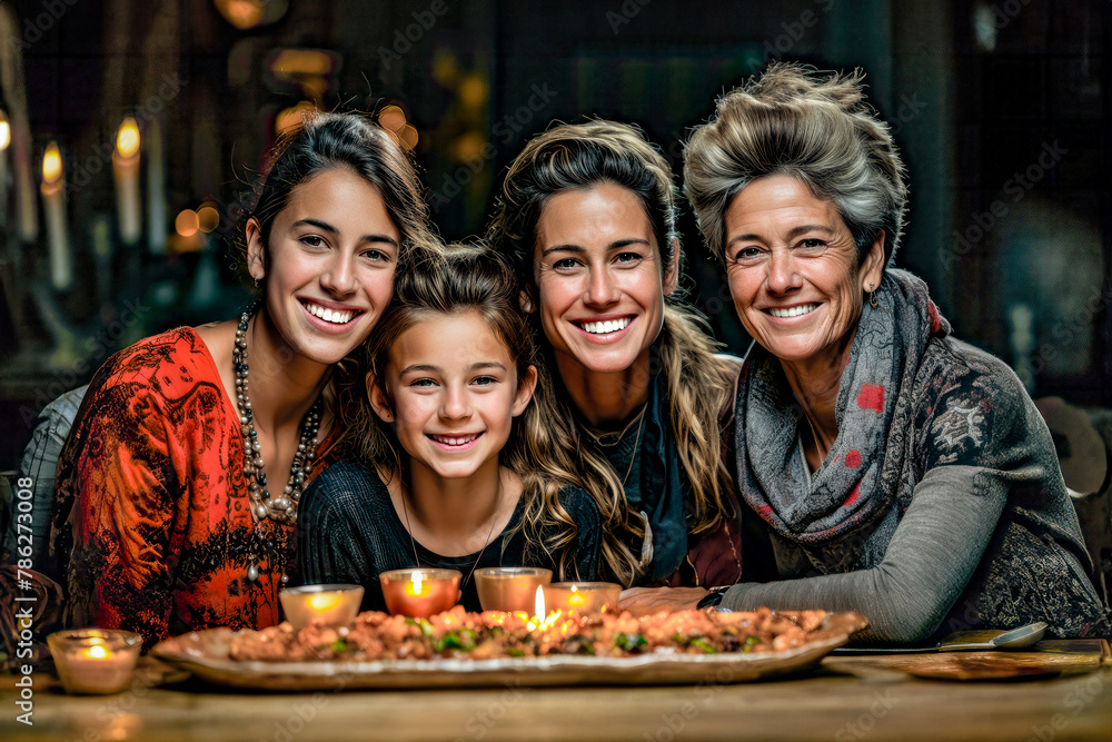 Generative AI illustration of smiling gray haired woman sitting at table with daughters and granddaughter hugging each other while celebrating Christmas together looking at camera