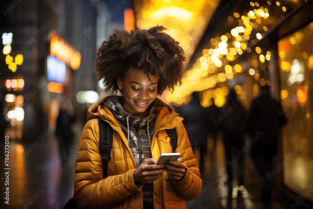 Generative AI illustration of cheerful young African American female in warm clothes using smartphone and chatting on social media while standing on city street in evening
