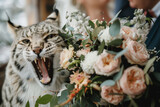 wild cat with bouquet of flowers