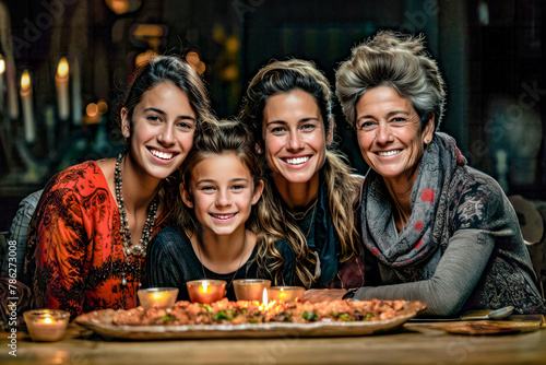 Generative AI illustration of smiling gray haired woman sitting at table with daughters and granddaughter hugging each other while celebrating Christmas together looking at camera photo